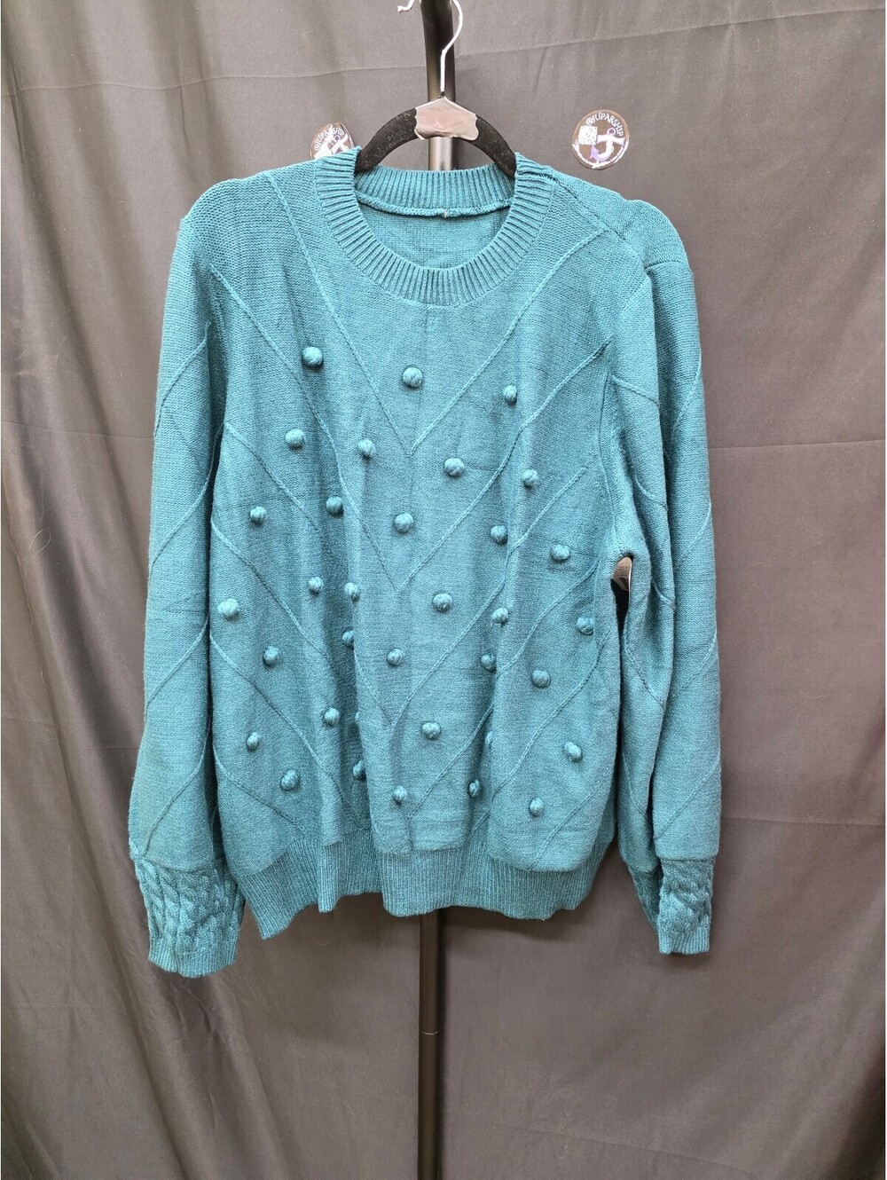 CHUNKY KNIT PUFF‑SLEEVE POMPOM SWEATER GREEN WOMEN’S SIZE 18